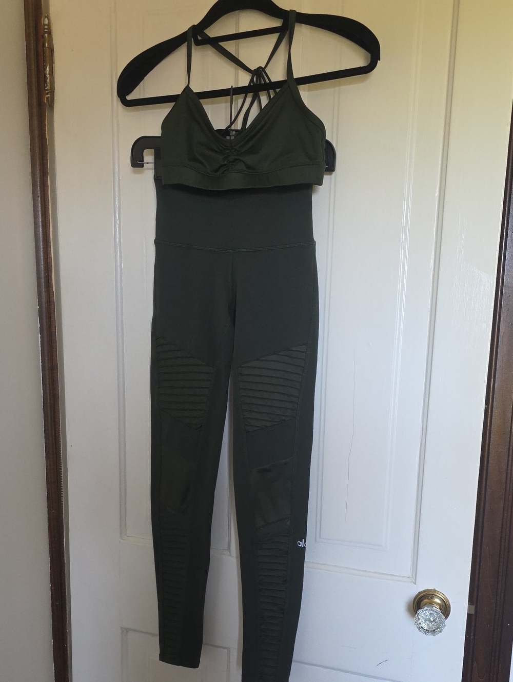 ALO Yoga Olive High-Waist Moto Leggings And Bra Top.